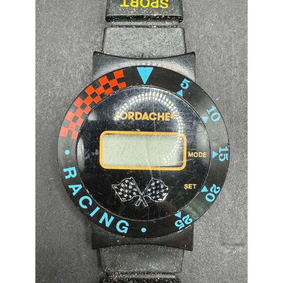 Vintage Rare Jordache Sport Racing Checkered Flag Bezel Digital Watch Black Band - Picture 1 of 7